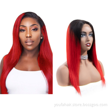 Wholesale 100% Indian Human Virgin Remy Hair 180 Density 4x4 HD Lace Closure Wig Ombre Color 1b/red Transparent Lace Frontal Wig